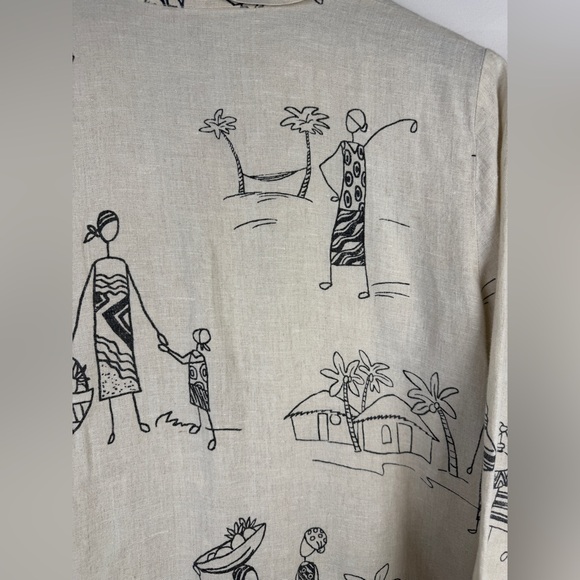Hot Cotton by Marc Ware 100% Linen Shirt Women's Artsy Tribal Line Art L - Picture 6 of 6